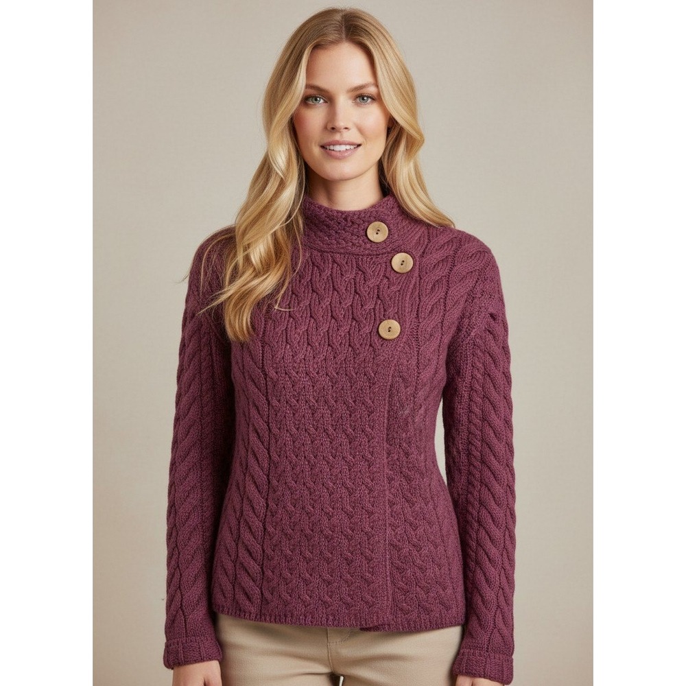 Aran Woolen Mills Wool Cable Knit Cardigan Sweater Size S Rose Fisherman Ireland